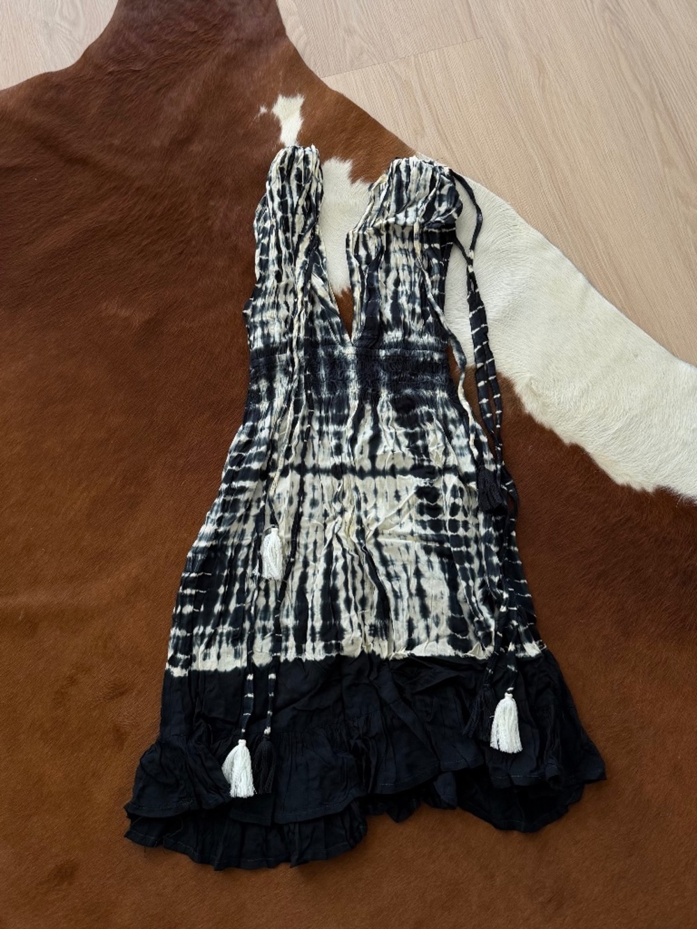 Navy + white tie-dye boho mini dress (handmade in Italy)